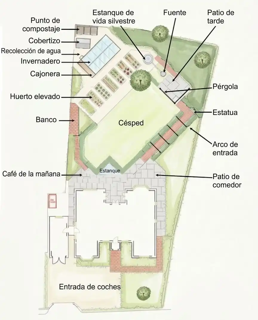 Paisajismo sostenible en Asturias Esquema de diseño de jardines sostenibles de una propiedad en Asturias
